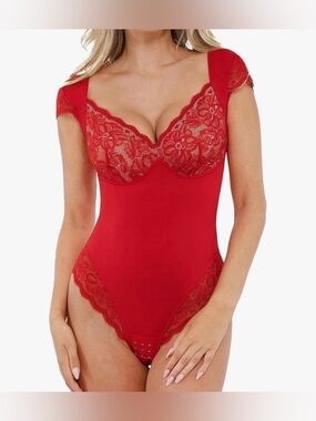 Popilush gorgeous Red Lace Bodysuit with Cap Sleeves shapewear size large NNT